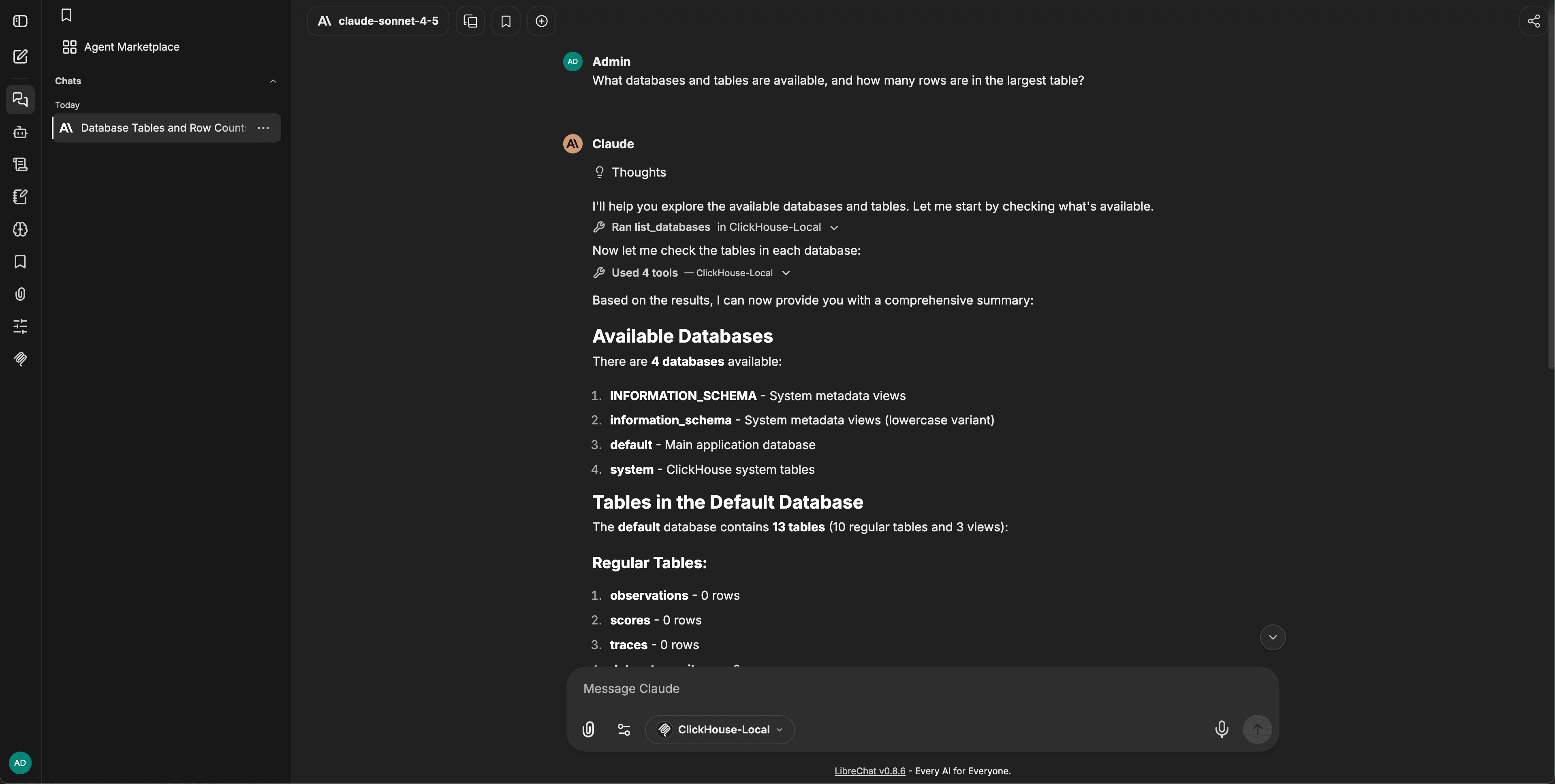 LibreChat 通过调用 ClickHouse-Local MCP 工具回答示例问题,并列出可用的数据库和表
