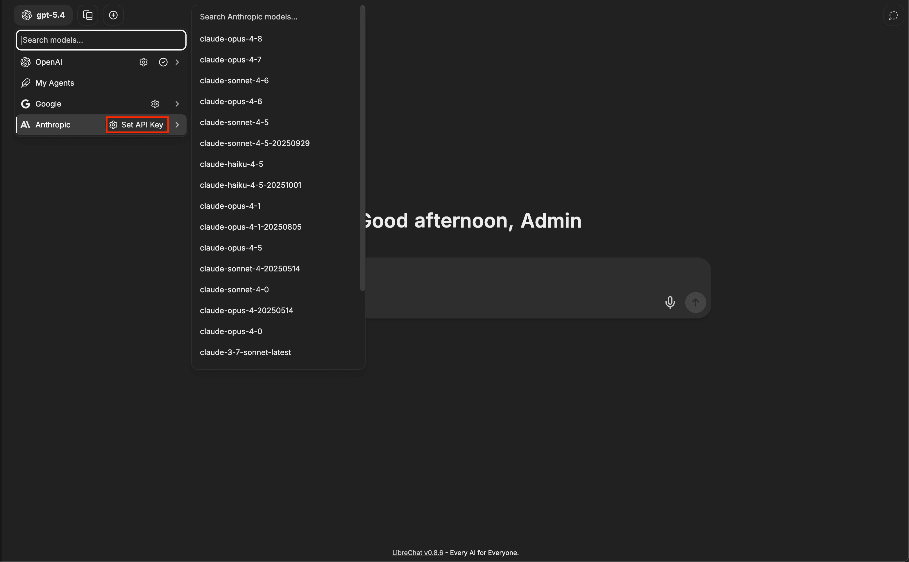 LibreChat 模型选择器,其中 Anthropic 提供商旁边显示 Set API Key 按钮