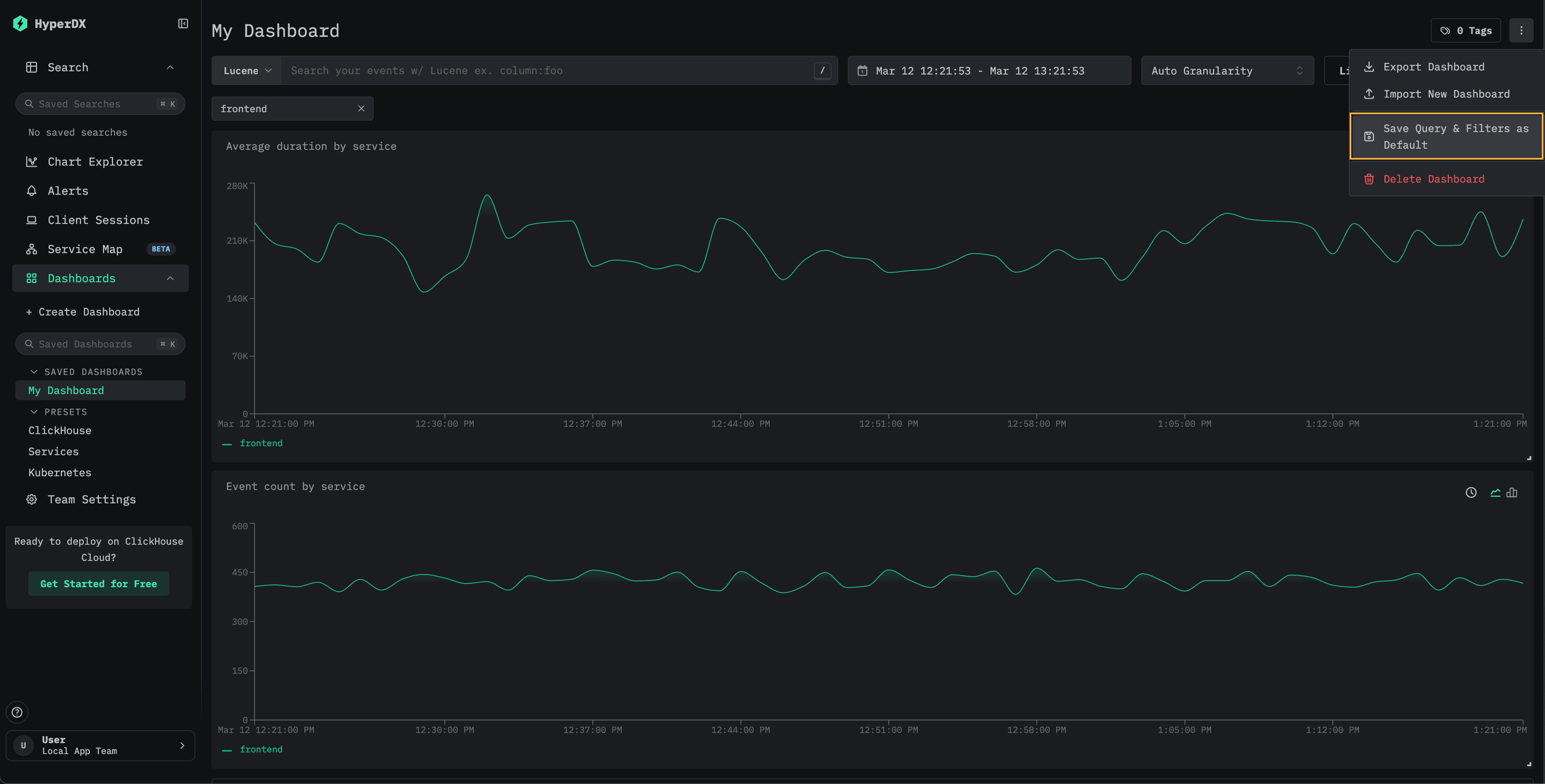 Dashboard menu showing Save Query and Filters as Default option