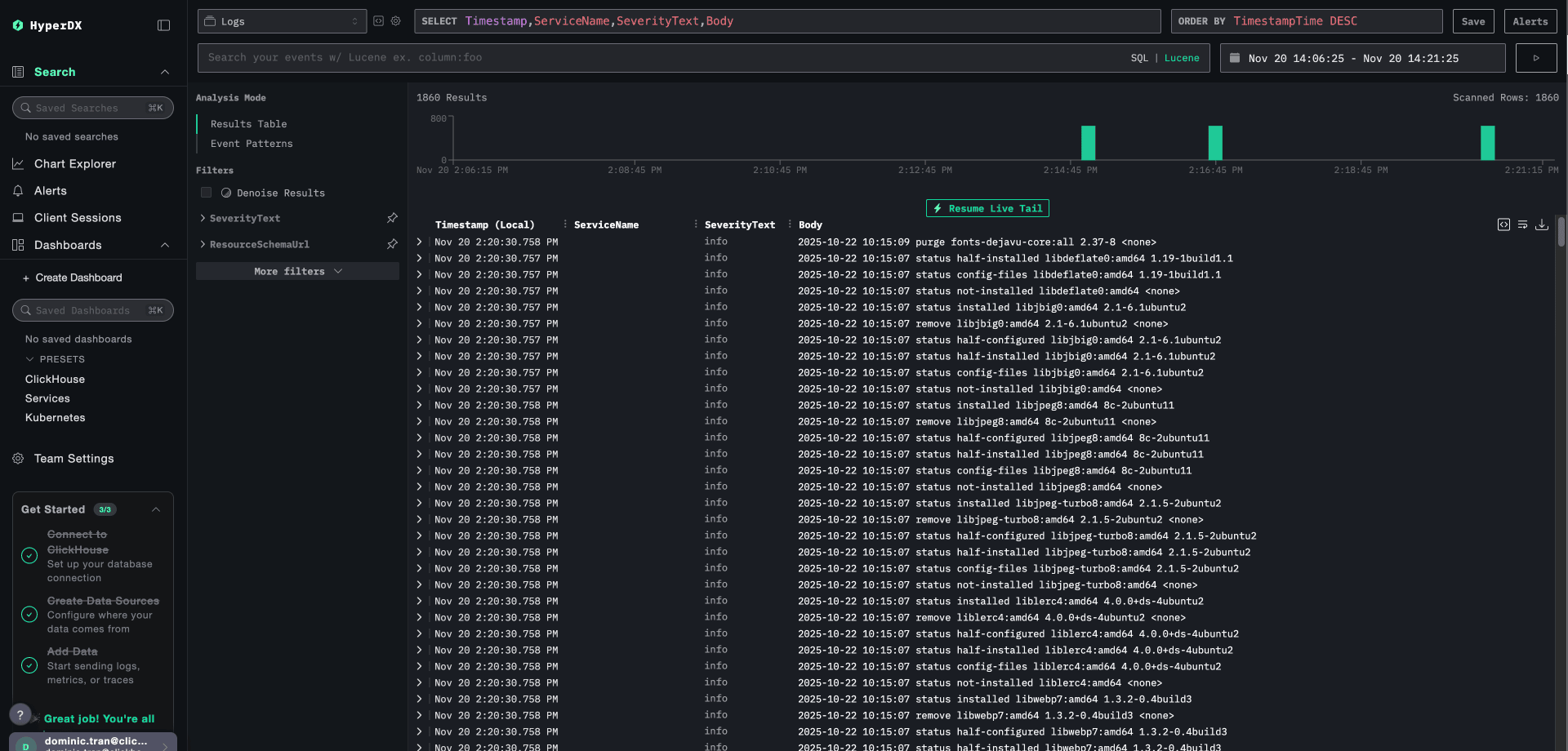 Tela de busca de logs do EC2
