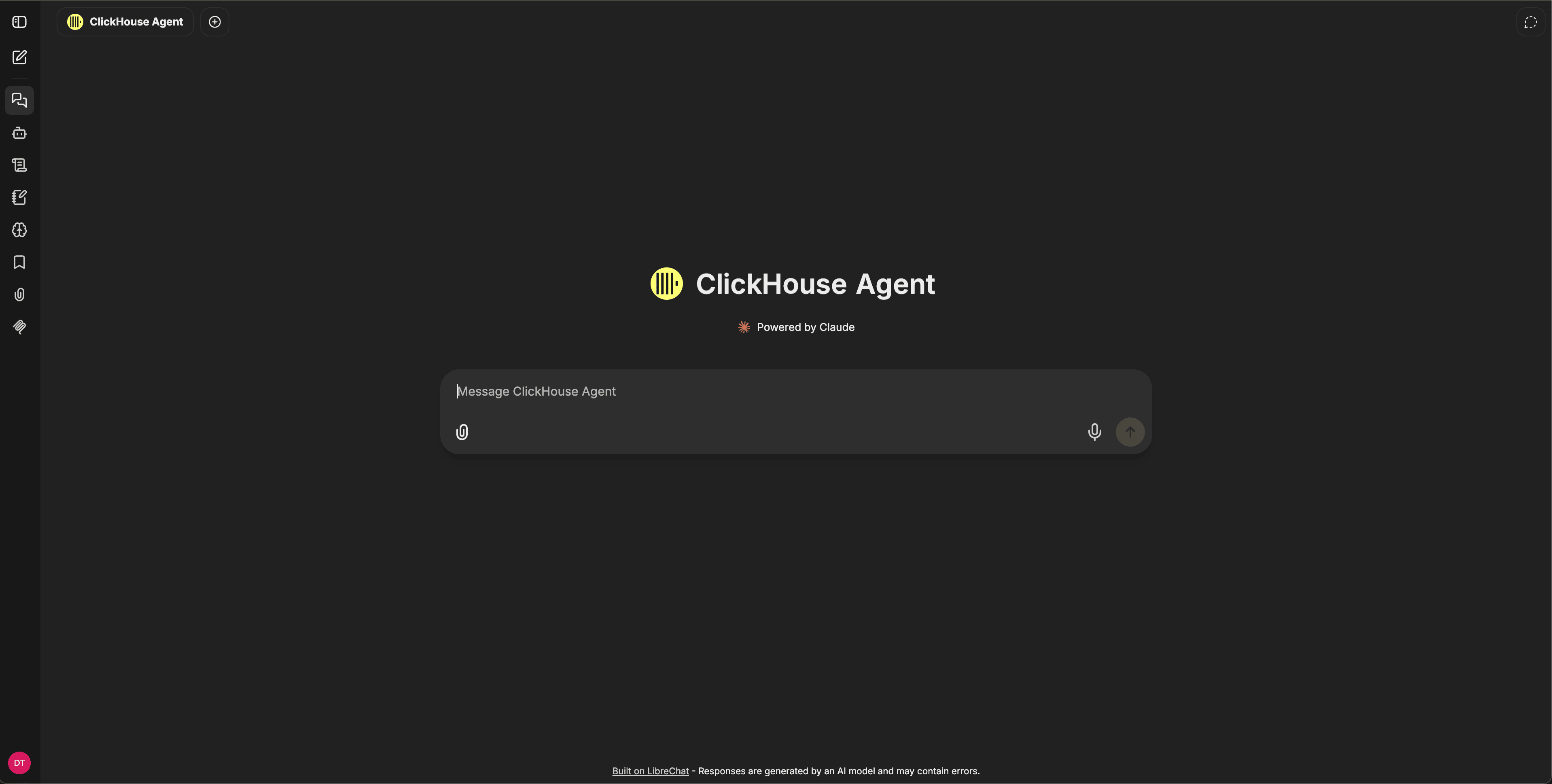Espace de discussion de ClickHouse Agent montrant la navigation de gauche, l’en-tête d’identité de l’agent et le champ de saisie des messages