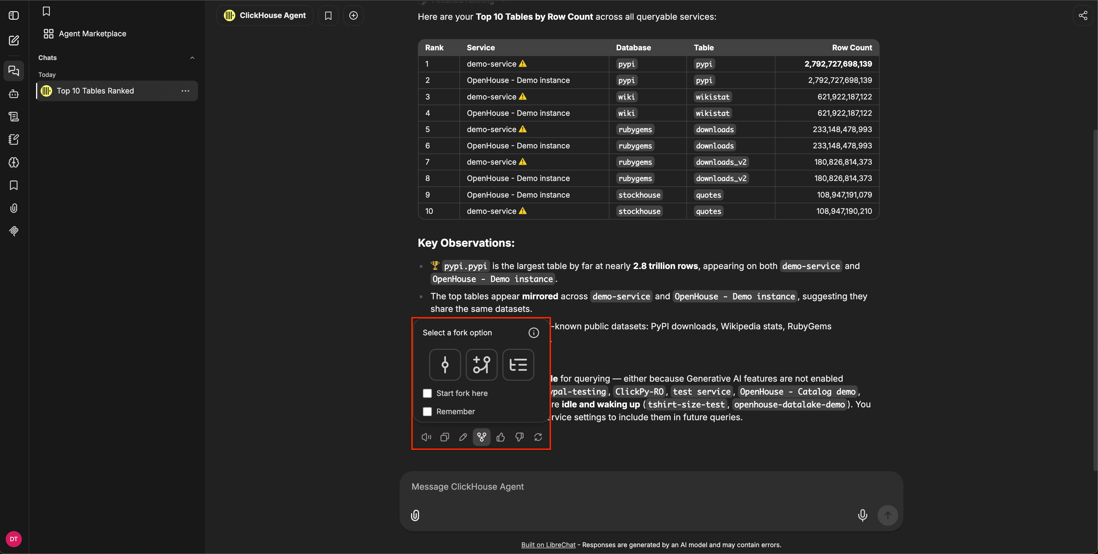 Boîte de dialogue de sélection d’une option de fork affichant trois icônes de mode de fork, les cases à cocher Start fork here et Remember, ainsi que la barre d’outils d’action du message en dessous
