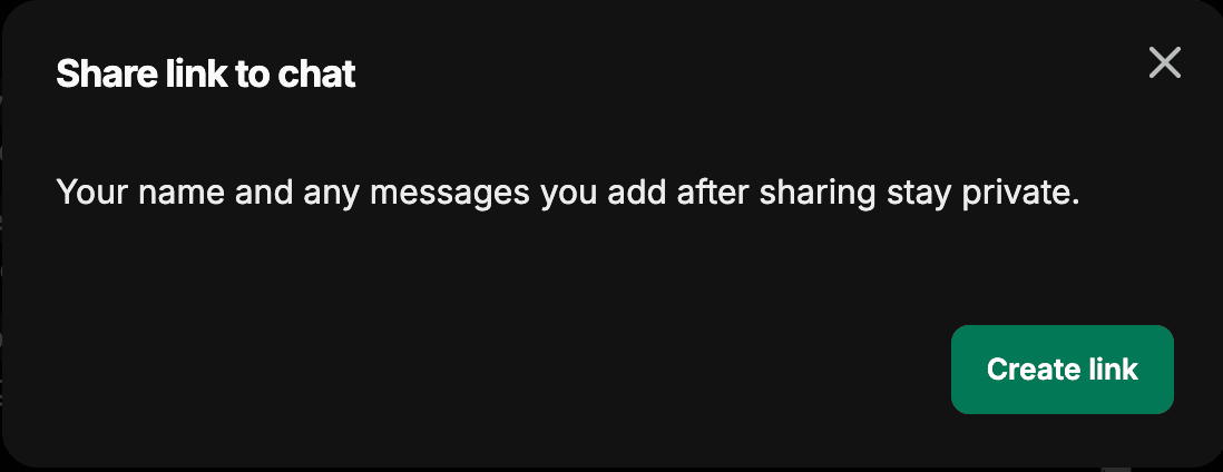Boîte de dialogue Share link to chat avec le bouton Create link et une note indiquant que votre nom et les messages ajoutés après le partage restent privés