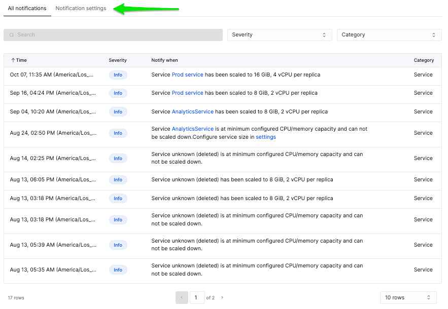 log de atividades das notificações do ClickHouse Cloud