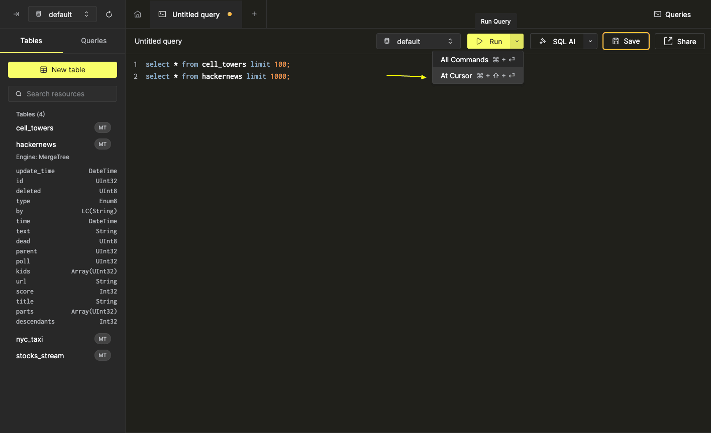Run at cursor option in the extended run options menu