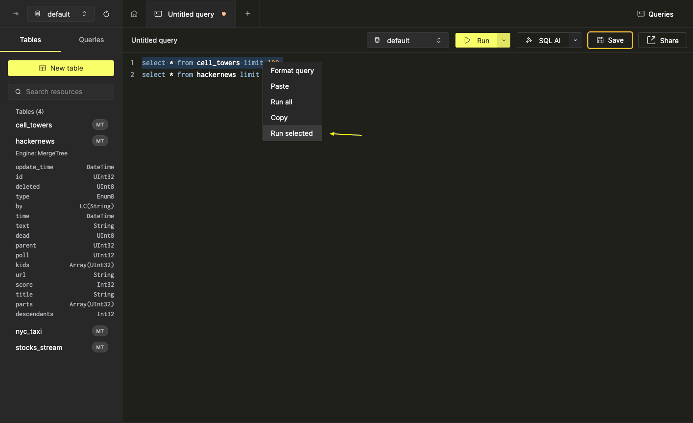Interface showing how to run a selected portion of SQL query