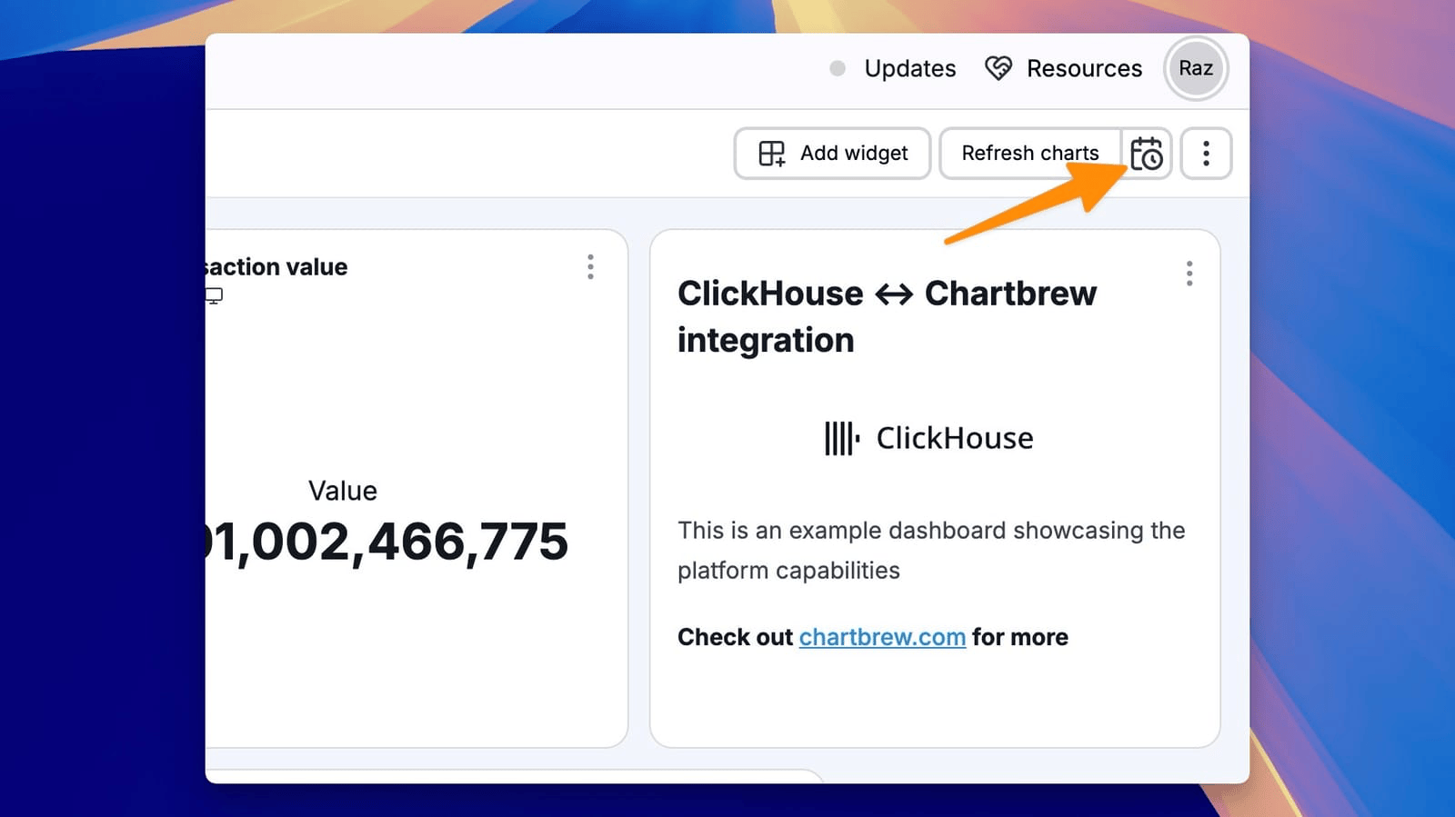 إعدادات تحديث مجموعة البيانات في Chartbrew