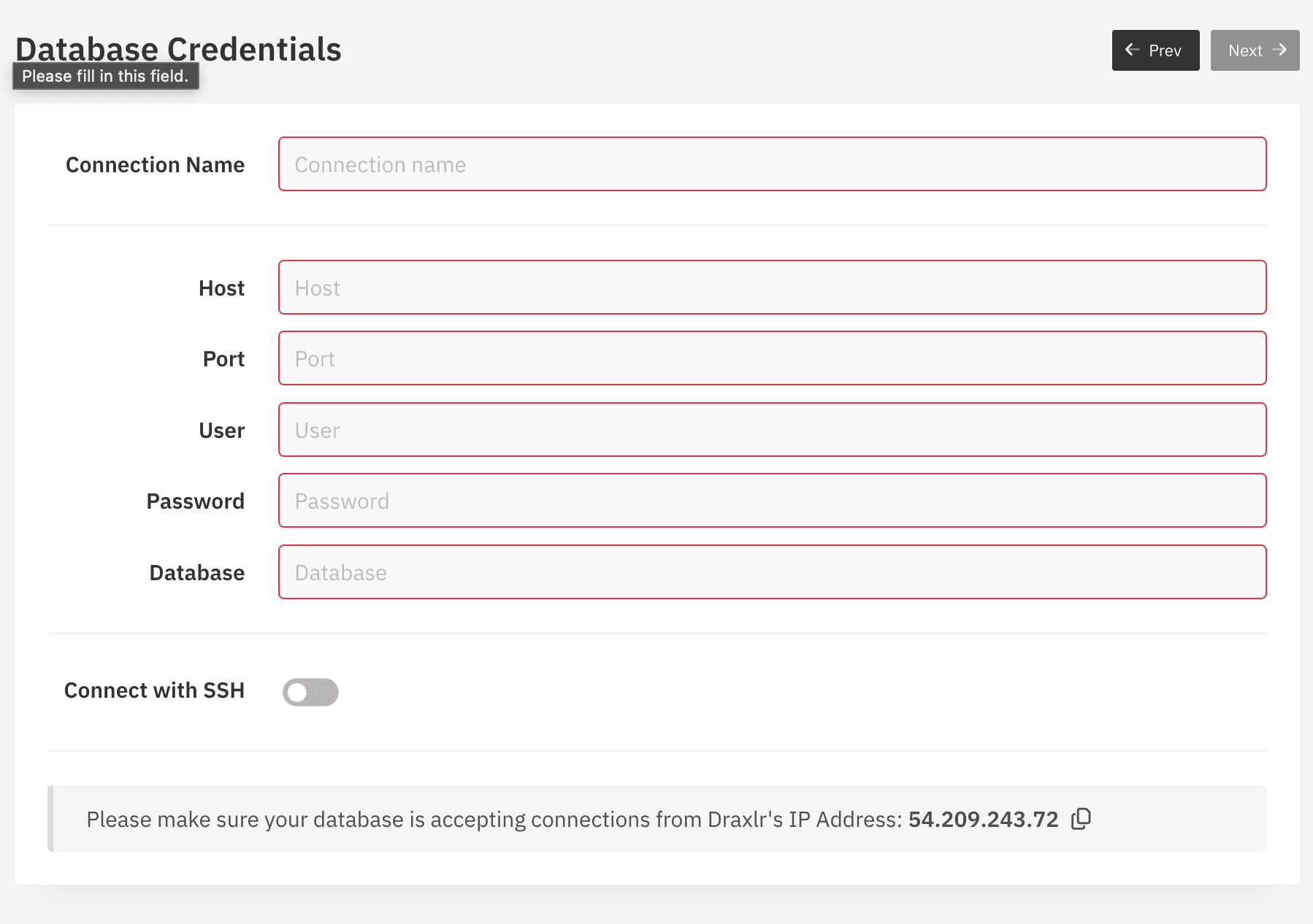 Draxlr connection form showing ClickHouse database configuration options
