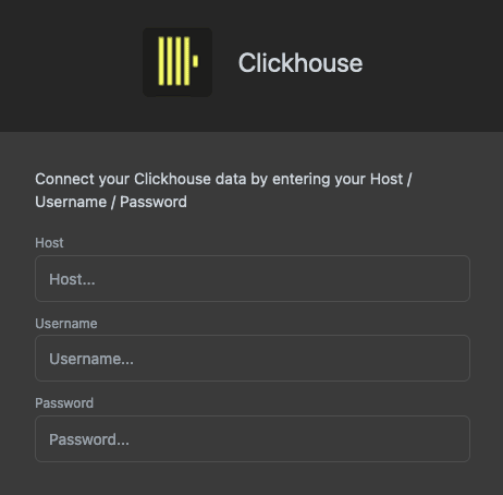 Formulaire de configuration de connexion Luzmo affichant les champs pour le host, le username et le password de ClickHouse