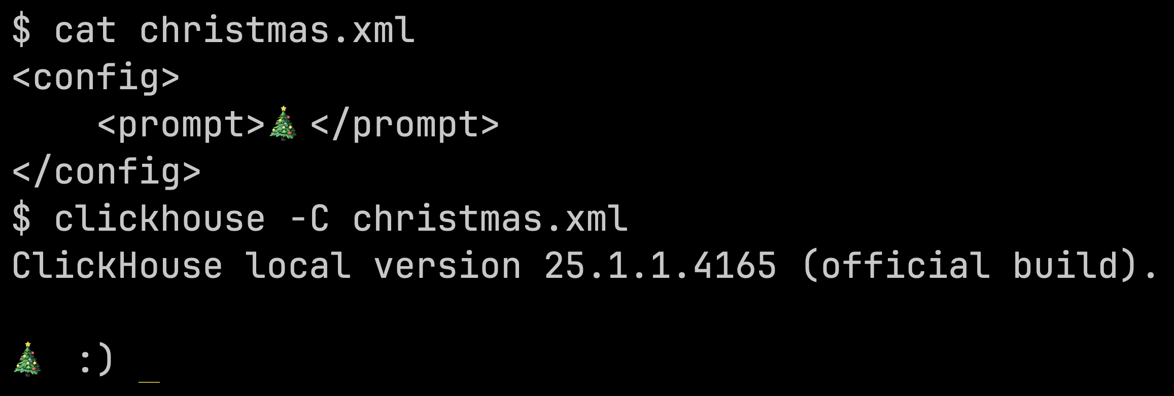 Prompt del cliente de ClickHouse con emoji de árbol de Navidad