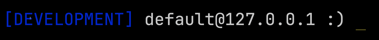 Prompt de cliente de ClickHouse con conexión Development mediante YAML