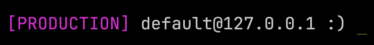 Prompt de cliente de ClickHouse con una conexión de producción mediante YAML