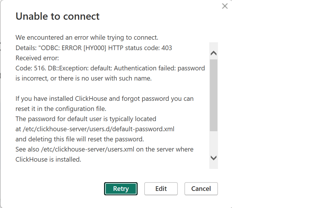 Power BI ODBC 身份验证错误对话框