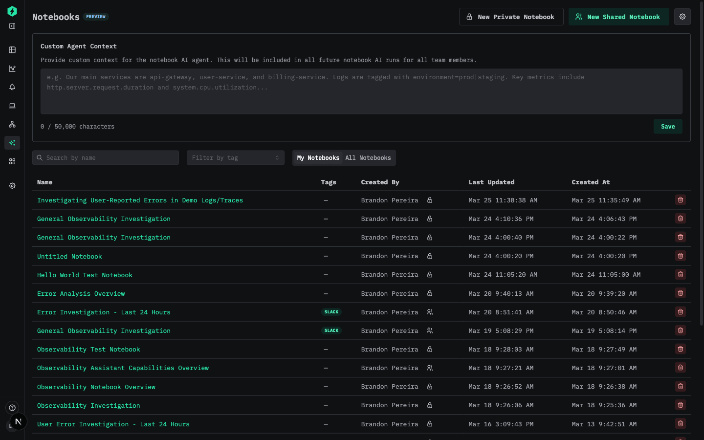 Painel de Agent Settings para contexto personalizado