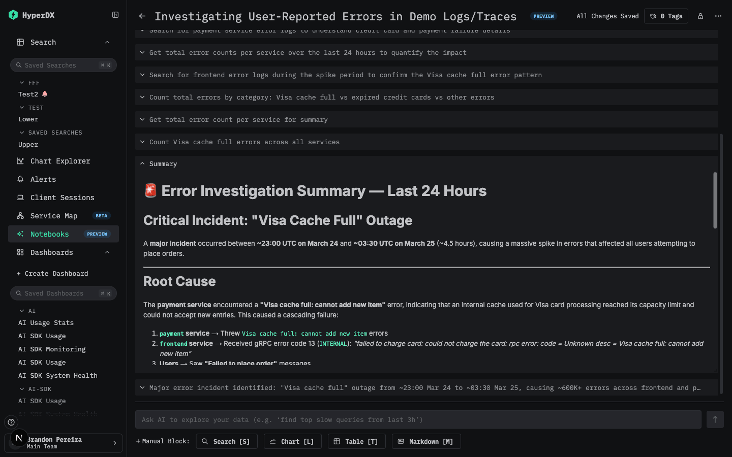 AI Notebook investigando uma indisponibilidade total da Visa causada por cache cheio